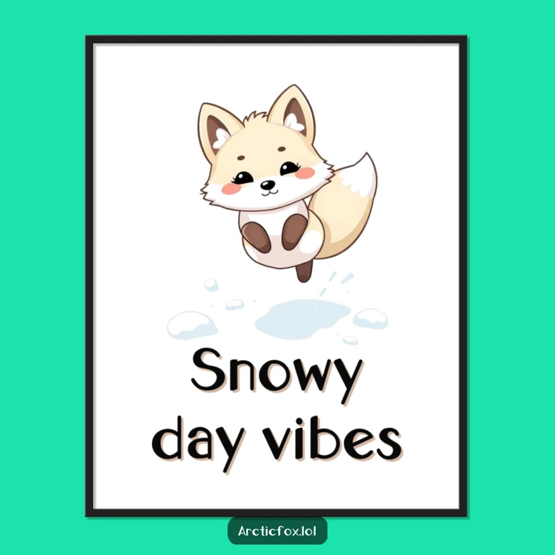 Funny Kawaii Arctic Fox Snow Digital Art: Playful Leap Decor Gift
