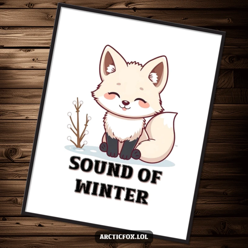 Funny Kawaii arctic fox with ears perked, listening to winter sounds, digital art print.