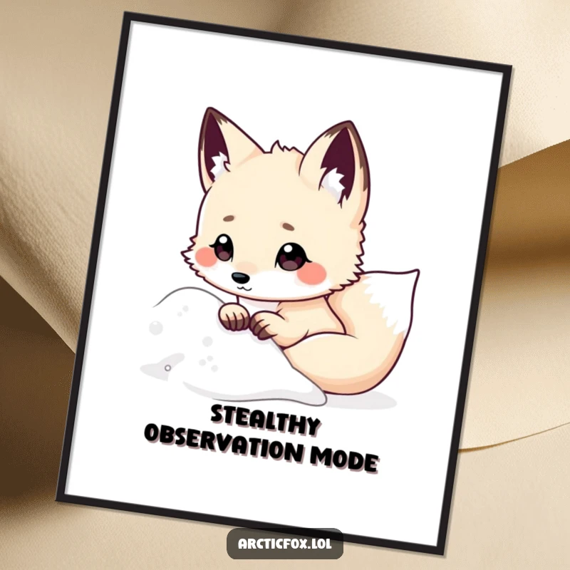 Funny Kawaii Arctic Fox Digital Art Print, peeking from snowy drift, ears perked, instant download wall decor, humorous arctic animal illustration, great funny gift