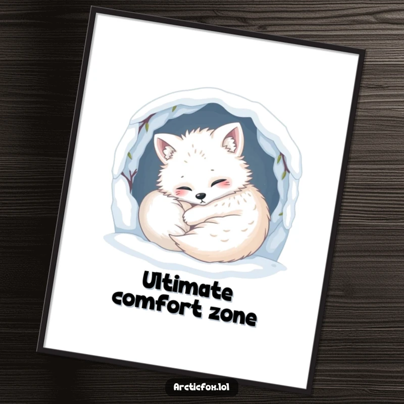 Funny Digital Art Print: Depicts a content arctic fox humorously curled up snugly in its snowy den, exuding warmth and comfort.