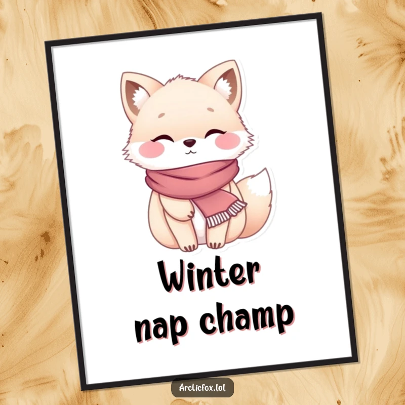 Funny chubby arctic fox wearing a tiny scarf, looking cozy and adorable, available as a digital art print.