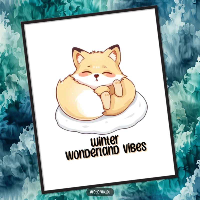Funny Arctic fox digital art print, showcasing a happy animal rolling playfully in a snowy landscape for instant joy.