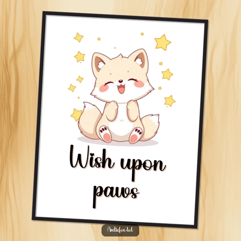 Funny Kawaii arctic fox gleefully catching falling stars in its paws, digital art print.