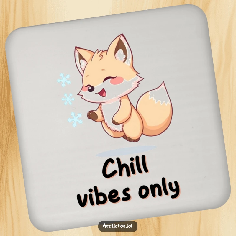 Funny Kawaii Arctic Fox Coaster, joyfully chasing a swirling snowflake, protective drink accessory, humorous arctic animal art, perfect funny gift