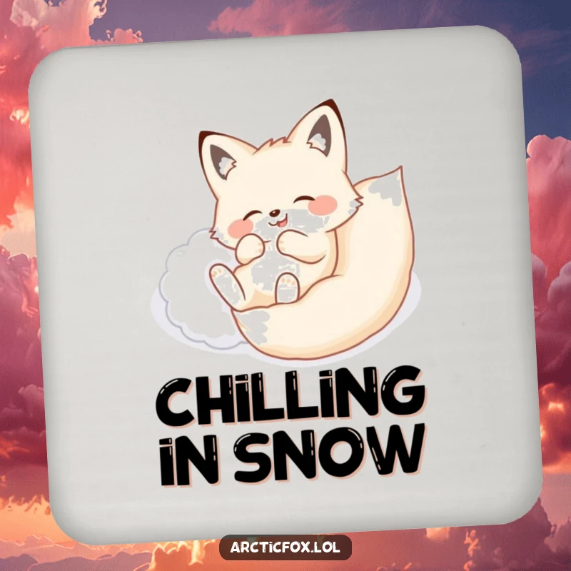 Funny coaster depicting an arctic fox joyfully rolling onto its back in a soft, fluffy drift of snow.