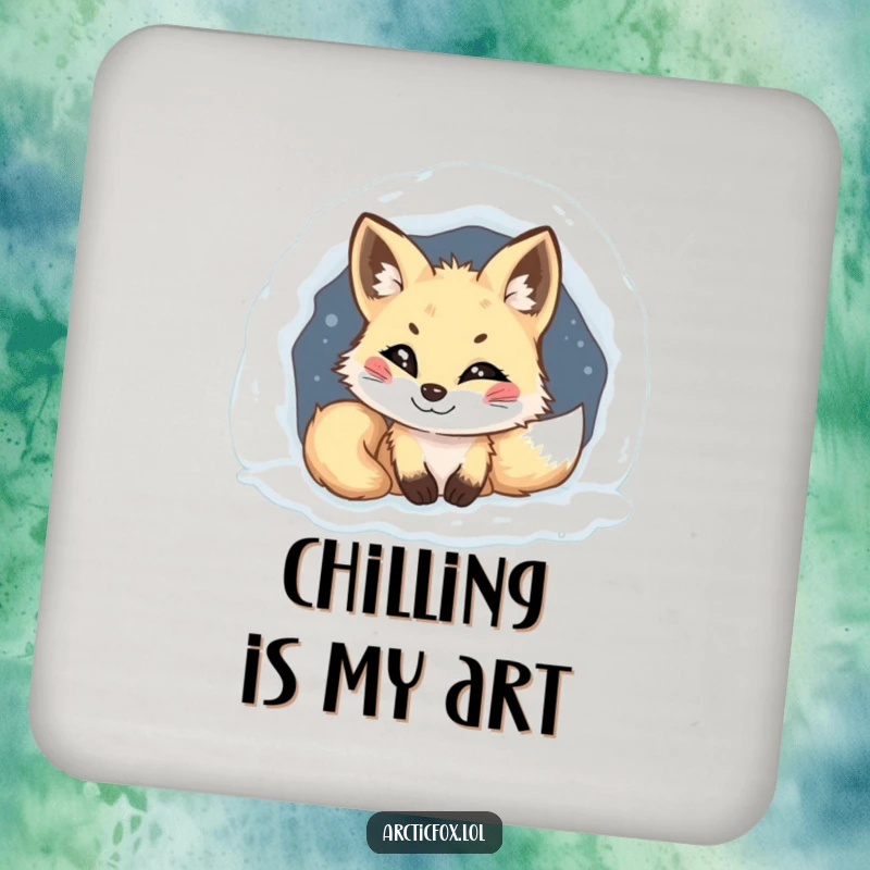 Funny Arctic fox coaster, mischievous grin, peeking from snowy den, protects surfaces with humor, a charming funny gift.