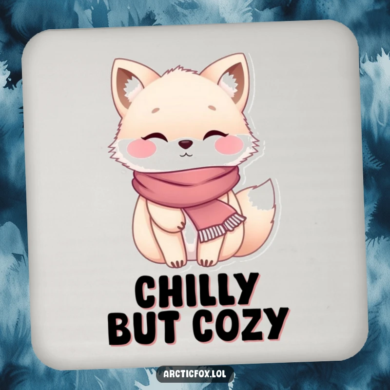Funny chubby arctic fox wearing a tiny scarf, looking cozy and protecting a surface with a drink coaster.