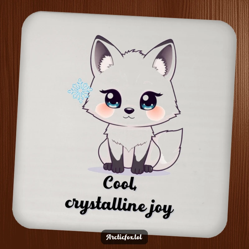 Funny coaster depicting an arctic fox with wide, bright eyes, looking with fascination at a delicate snowflake.