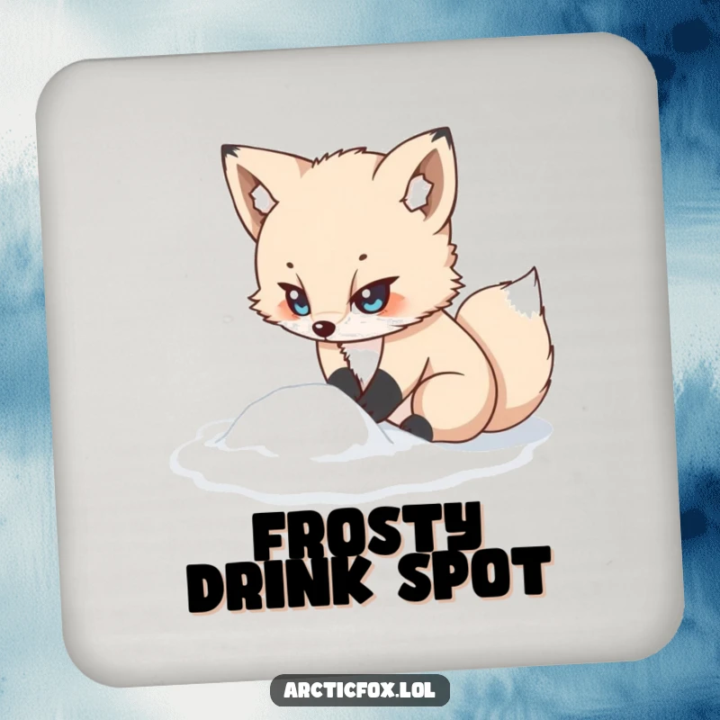 Funny kawaii arctic fox coaster, looking determined while digging in snow, a functional and funny gift for tabletops.