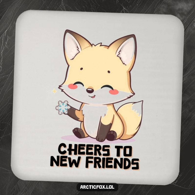 Funny coaster showcasing a smiling arctic fox offering its paw in a friendly gesture to a tiny snowflake.