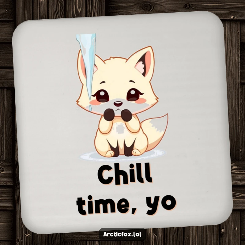 Funny arctic fox playfully batting at a dangling icicle with its paw, featured on a protective drink coaster.