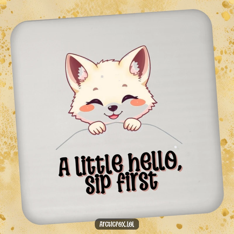 Funny Arctic fox coaster, peeking over snow with a bright smile, perfect for protecting surfaces with cheer.