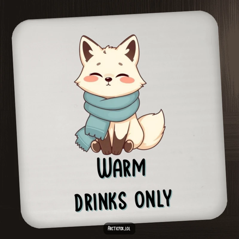 Funny Arctic fox coaster, contentedly wrapped in scarf, cozy table decor, charming and protective, a delightful funny gift.