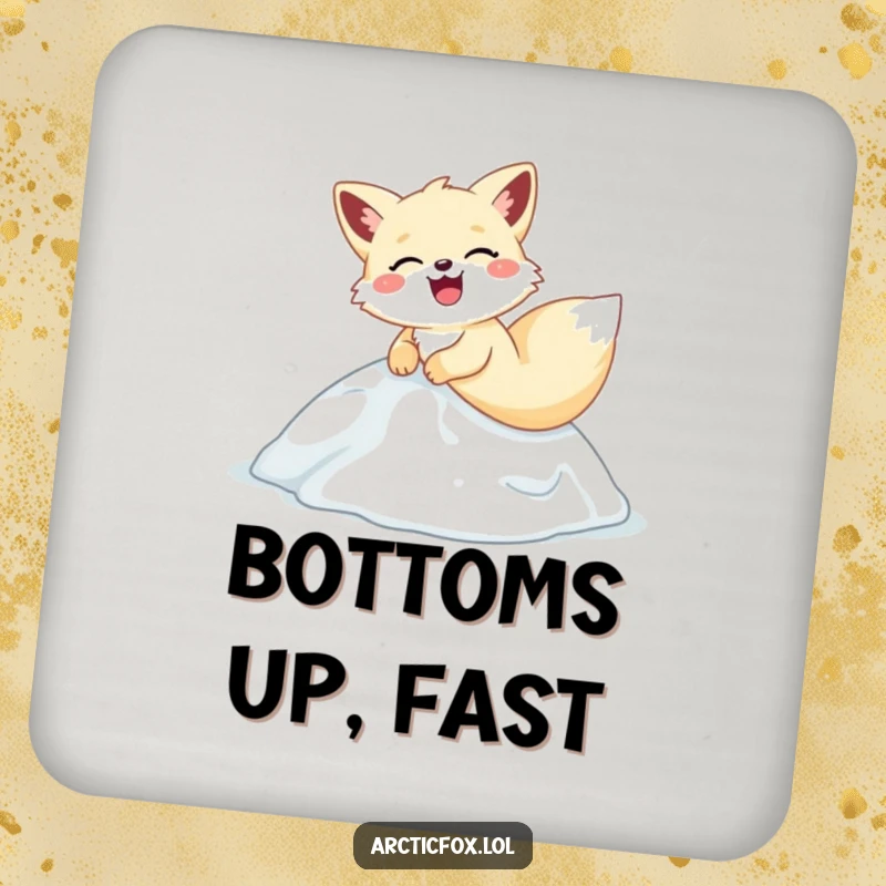 Funny arctic fox coaster, hilariously sliding and laughing down an icy hill, providing cute and funny surface protection.
