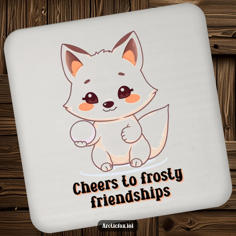 Funny Arctic fox coaster, offering a snowball with a friendly smile, perfect for protecting surfaces with joy.