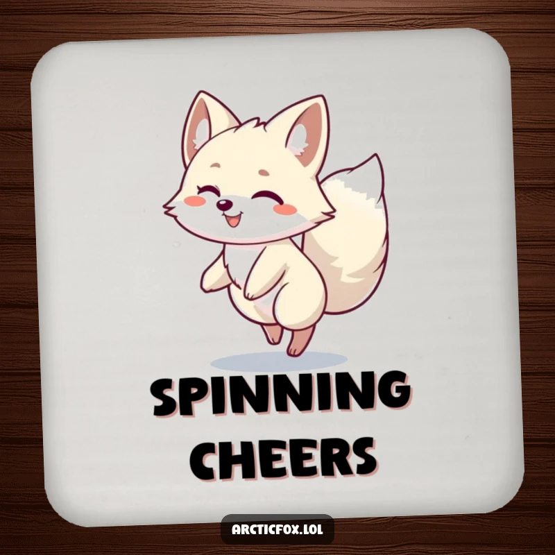 Funny Arctic Fox Spin Drink Coaster: An Arctic fox happily spinning with its bushy tail, protecting surfaces with charm.