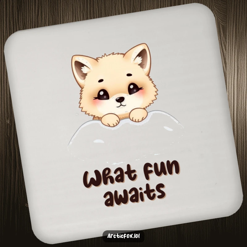 Funny drink coaster with a chubby Arctic fox peeking curiously from a snowdrift, adding cute protection to tables.