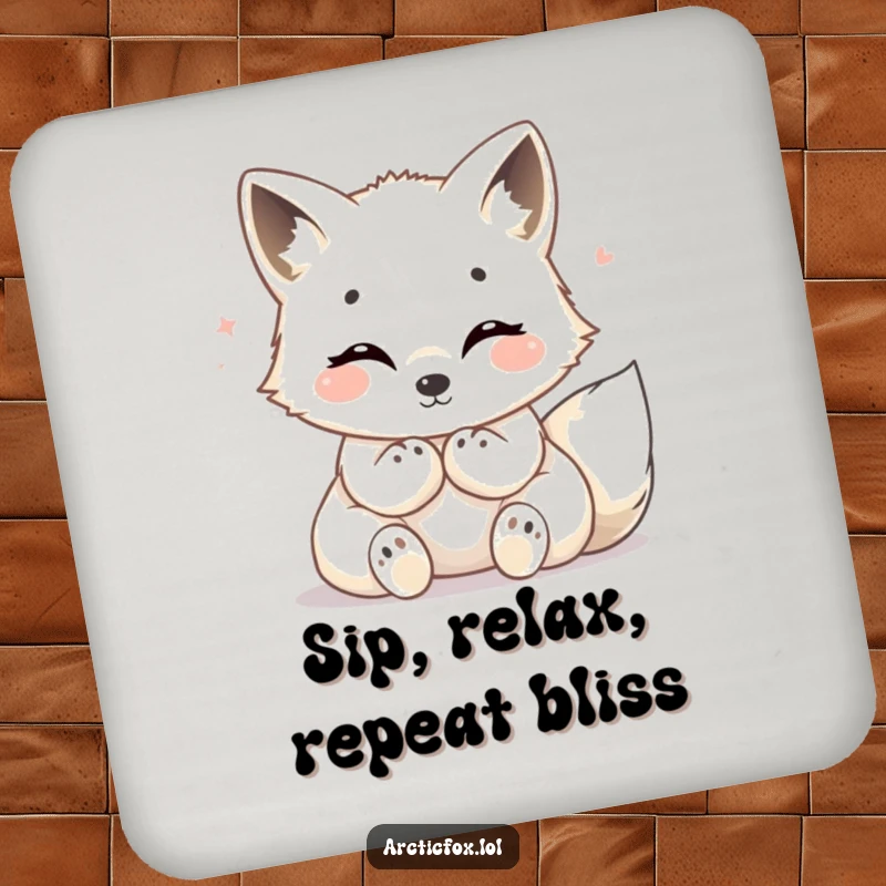 Funny Arctic fox coaster, depicting a content fox radiating cozy warmth, perfect for protecting surfaces with style.