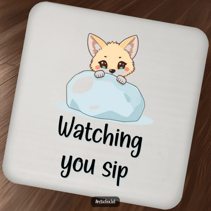 Funny Coaster: A curious arctic fox with wide eyes peeks from behind an icy boulder, adding a humorous touch to drink protection.
