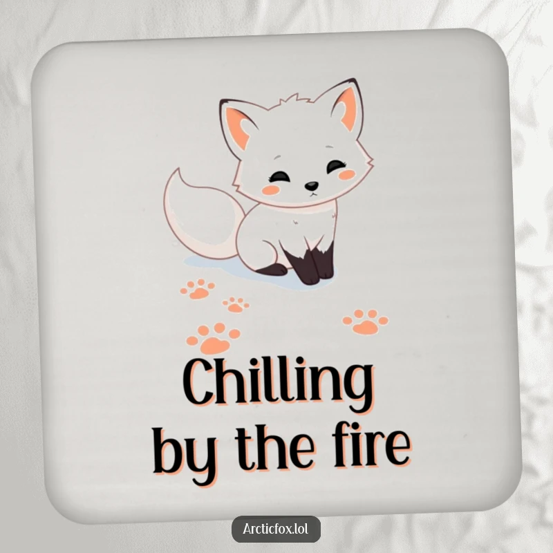 Funny cute Arctic fox drink coasters, showing playful paw prints in the snow, protecting surfaces with arctic charm.