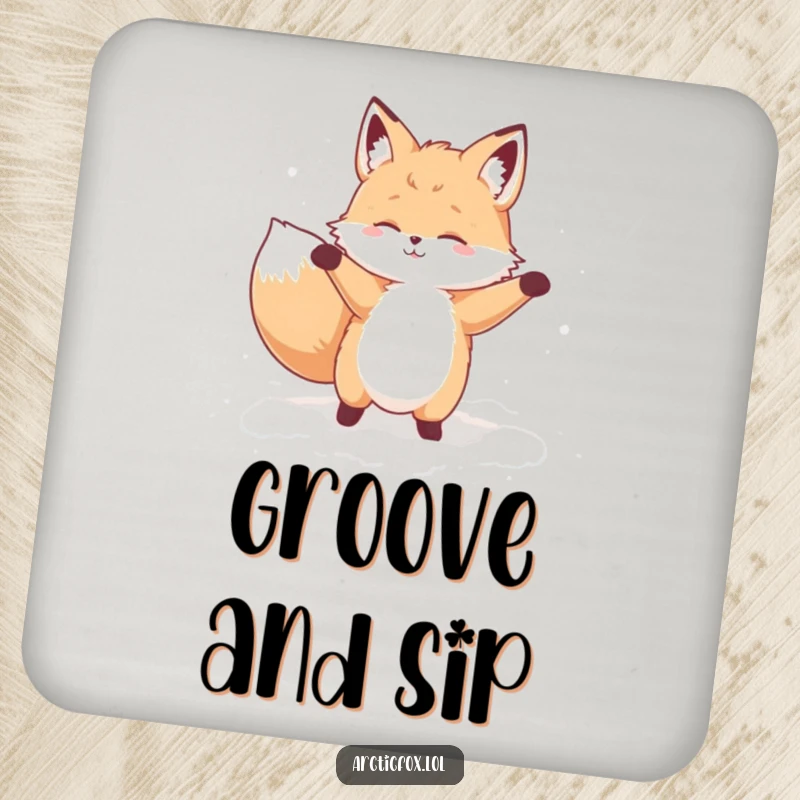 Funny drink coaster with a fluffy fox character doing a silly dance in soft snow, adding winter fun.