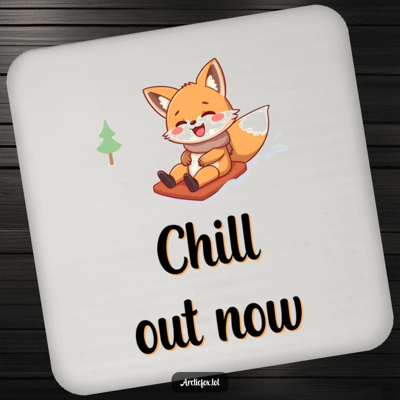 Funny drink coaster with a fox character giggling gleefully while sliding down a snowy hill, adding winter humor to your space.