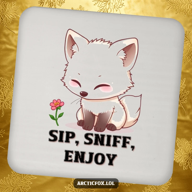 Funny kawaii arctic fox curiously sniffing a tiny single bloom, illustrated on a protective drink coaster.