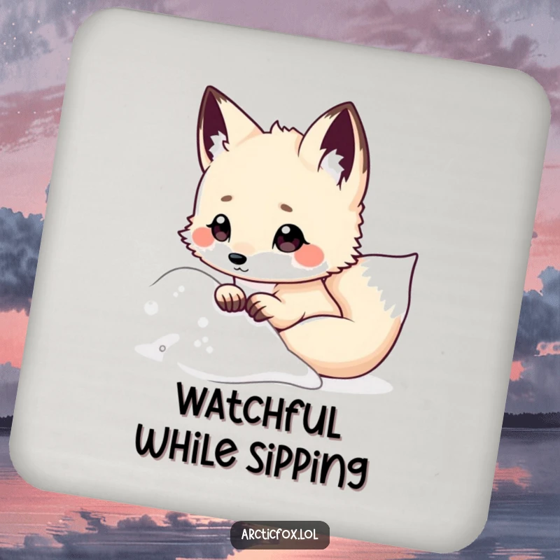 Funny Kawaii Arctic Fox Coaster, peeking from snowy drift, ears perked, protective drink accessory, humorous arctic animal art, perfect funny gift