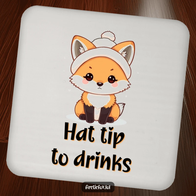Funny Kawaii Arctic Fox Drink Coaster with a snowball hat, adding winter charm and humor.