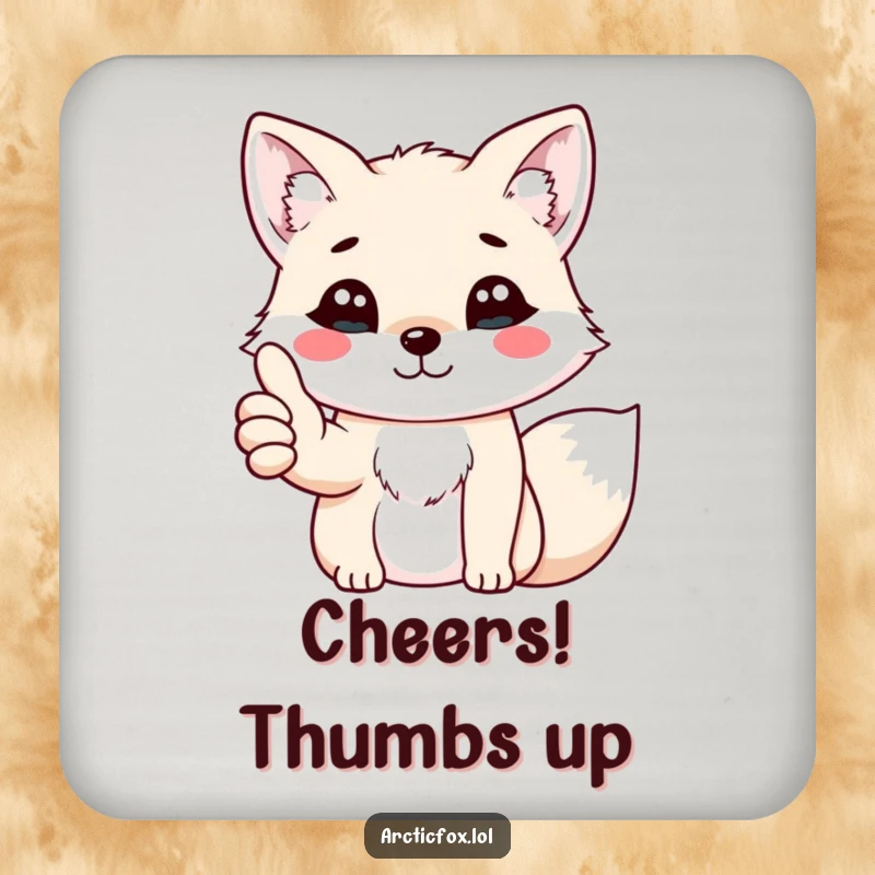 Funny kawaii arctic fox giving a cheerful thumbs up with its paw, illustrated on a protective drink coaster.