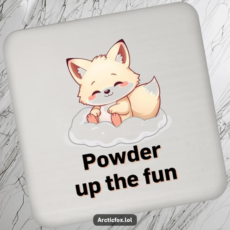 Arctic fox happily rolling in soft white powder, on a decorative drink coaster, perfect for winter tables.