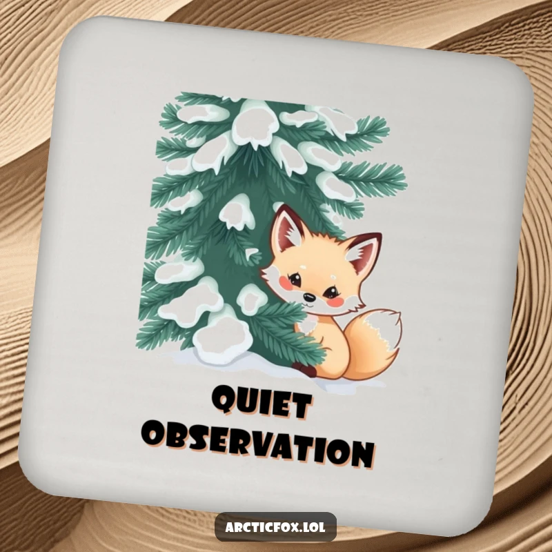 Funny arctic fox coasters with curious creatures peeking from behind snow-dusted evergreens, adding mysterious protection.