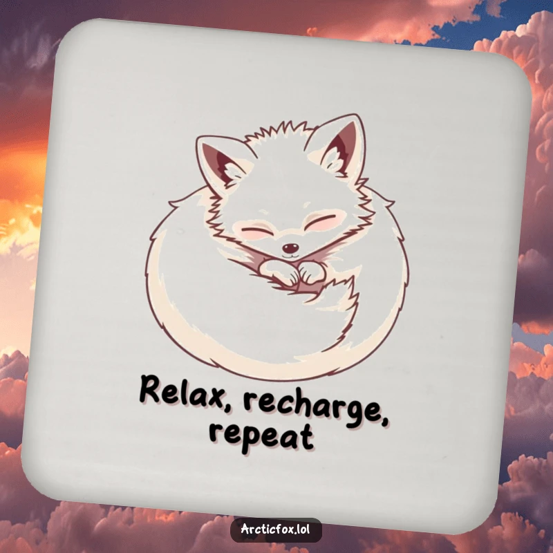 Funny drink coaster with a depiction of a fluffy Arctic fox curled into a contented ball, offering protection and cute decor.
