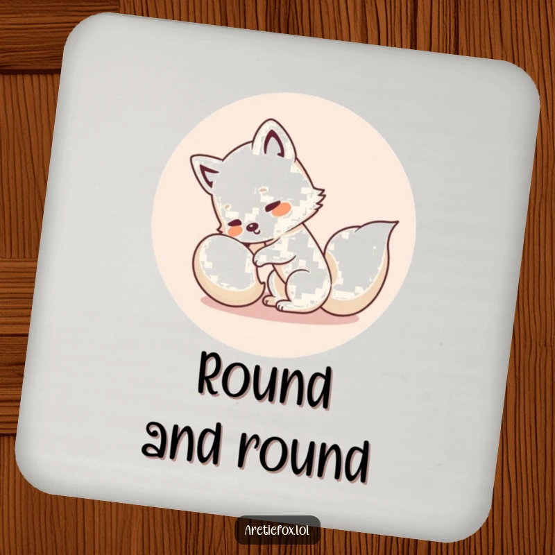 Funny Kawaii Arctic Fox Coasters: Set of cute white foxes humorously chasing tails, protecting tables with adorable, comical flair.