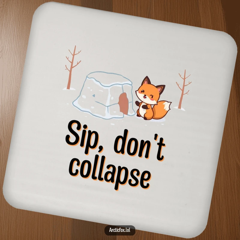 Funny Coaster: A happy fox hilariously building a wobbly snow fort, perfect for adding winter humor to any surface.