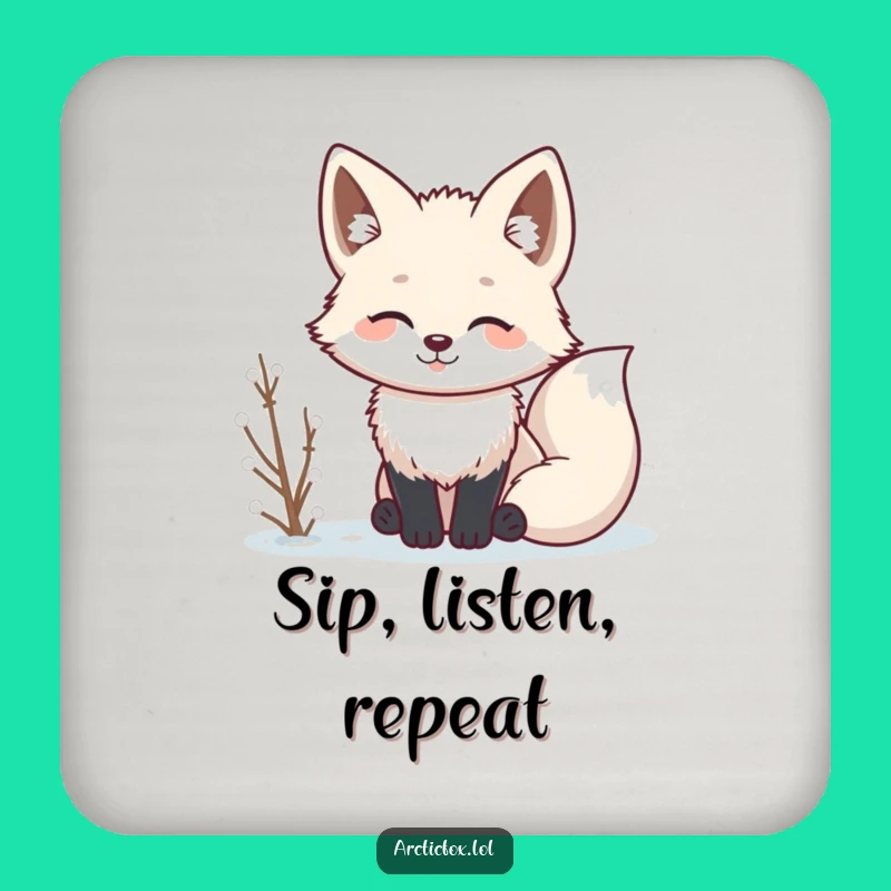 Funny Kawaii Arctic Fox Listening Coaster: Protect Surfaces with Attentive Humor