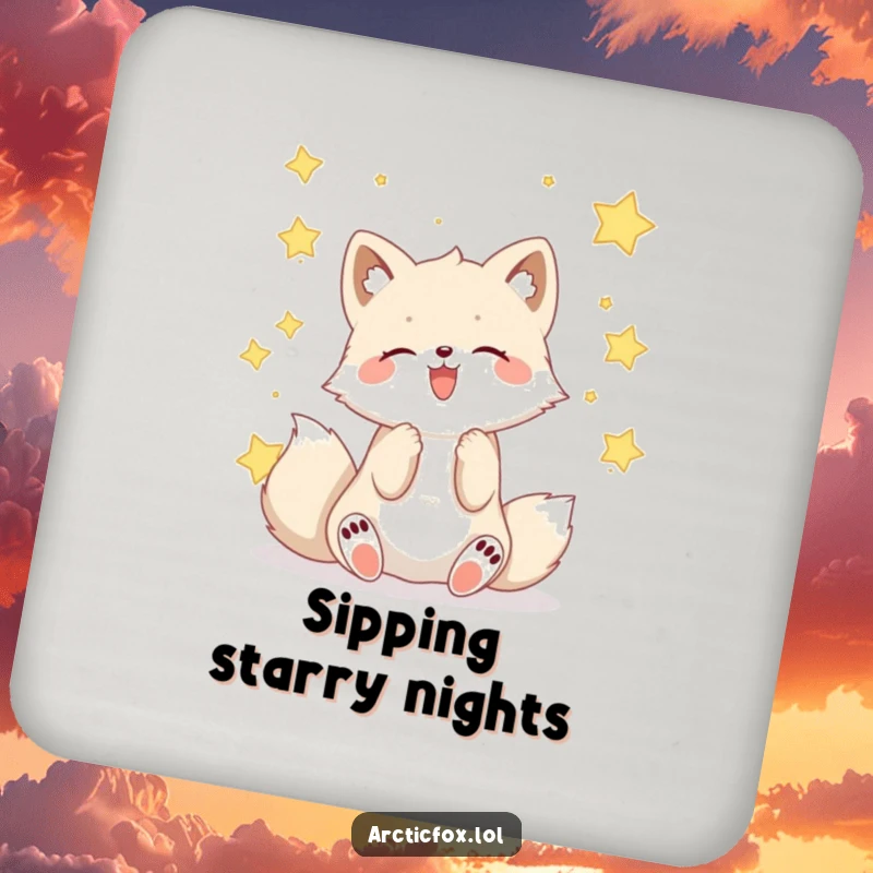 Funny Kawaii arctic fox catching falling stars, a cute and protective coaster.