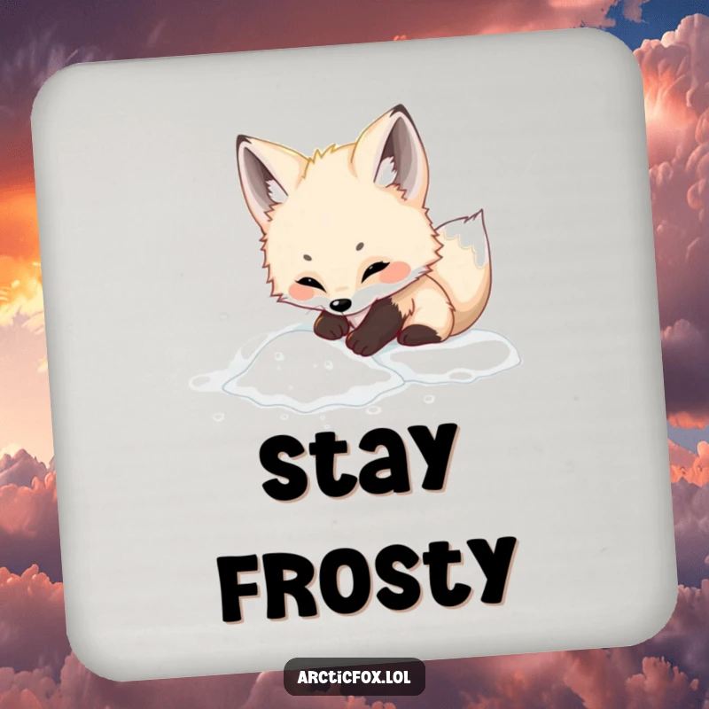 Funny adorable arctic fox coaster, depicting playful digging in white powder, offering cute and practical surface protection.