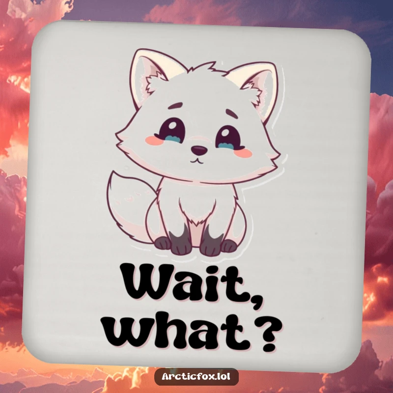 Funny Kawaii Arctic Fox Coasters: Set of cute white foxes hilariously surprised with perked ears, protecting tables with comical flair.