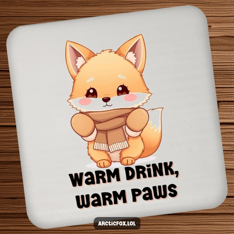 Funny Fluffy Fox Coaster showing a cute fox character wearing cozy mittens and a scarf, perfect for protecting surfaces with winter charm.