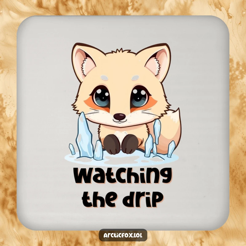 Funny Arctic fox coaster, wide curious eyes, looking at falling icicles, charming table decor, a delightful funny gift.