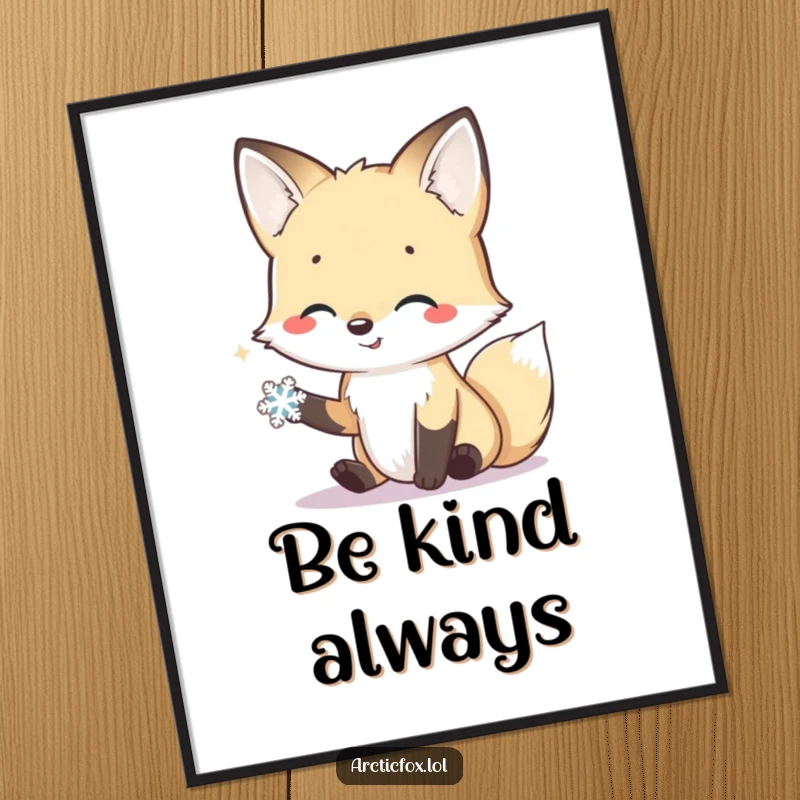 Funny poster depicting a smiling arctic fox extending a friendly paw towards a tiny, delicate snowflake.