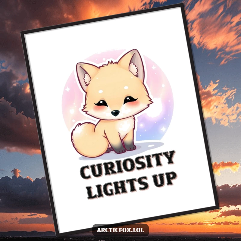 Funny Kawaii arctic fox poster depicting a cute fox curiously sniffing a vibrant, colorful aurora borealis.
