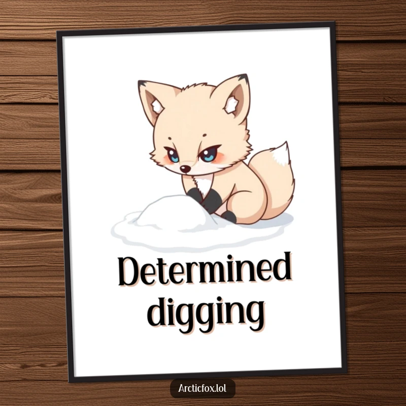 Funny kawaii arctic fox poster, looking determined while digging in snow, motivating and funny art for your walls.