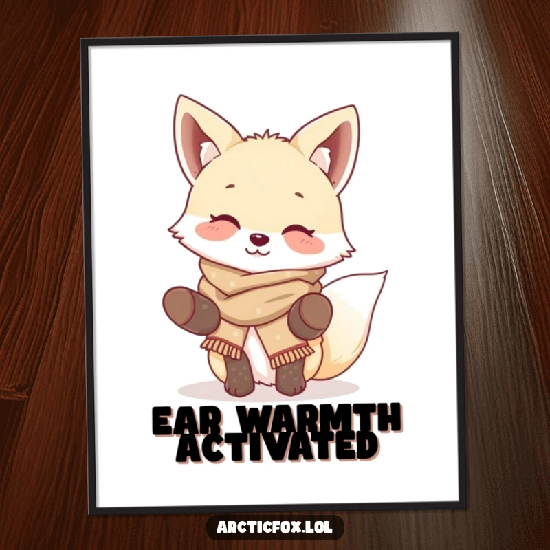 Funny Giggling Fox Poster: Cute arctic fox wearing a scarf and mittens, giggling with joy, perfect funny gift for winter lovers.