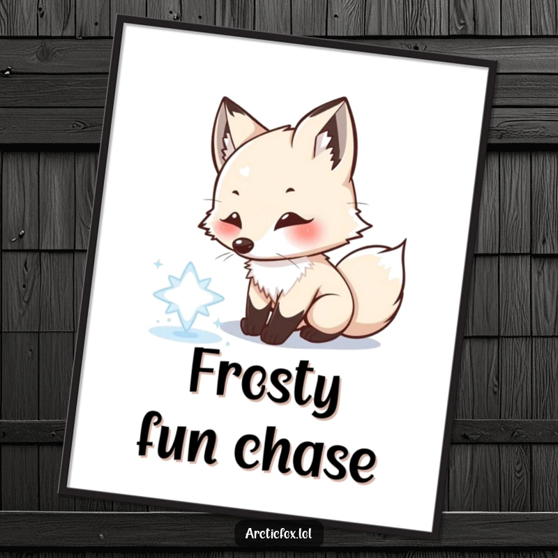 Funny Arctic fox poster, playfully chasing snowflake, joyful winter scene, whimsical wall art, perfect for a happy funny gift.