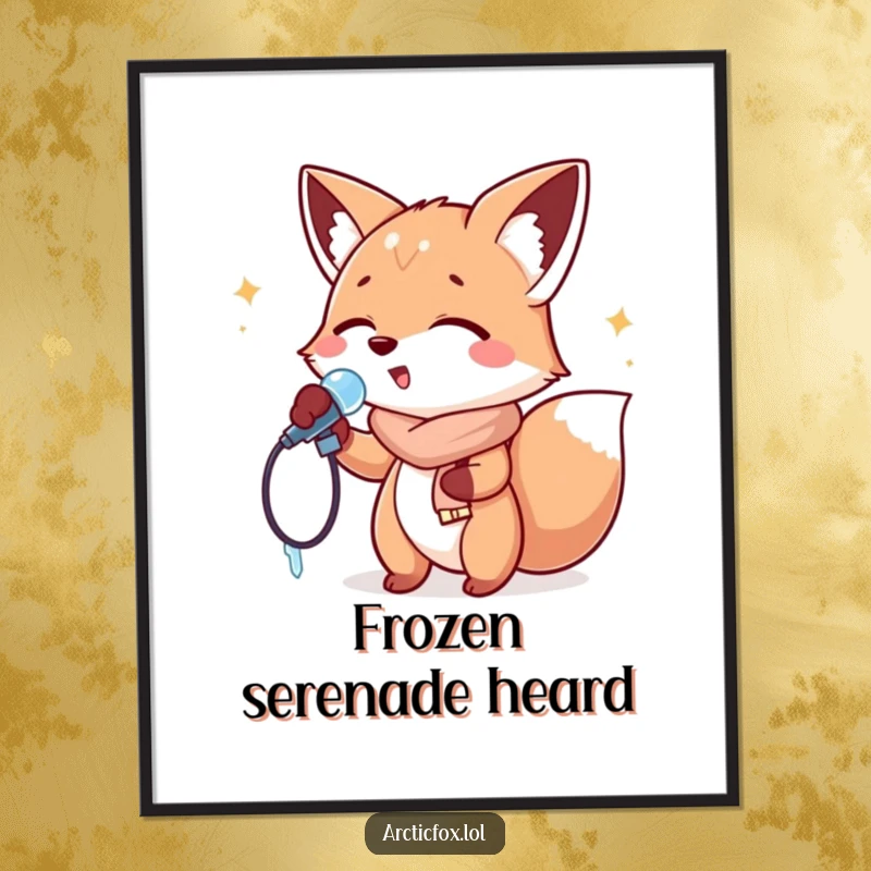 Funny Poster: A fox passionately singing into an icicle microphone, perfect for adding a humorous and musical touch.