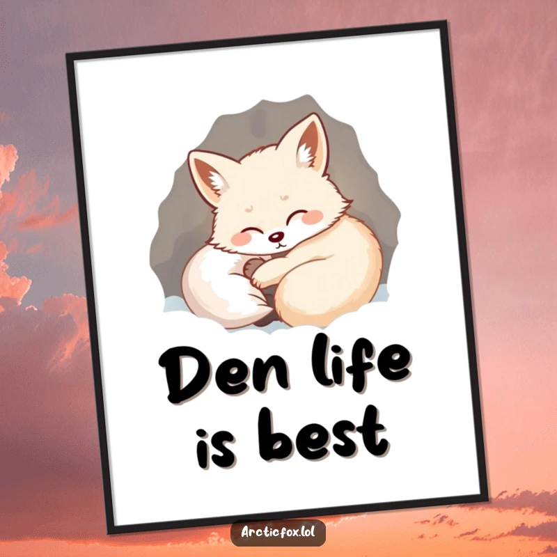 Funny poster illustrating a content arctic fox curled within a warm, snow-dusted den, exhaling a happy, satisfied sigh.