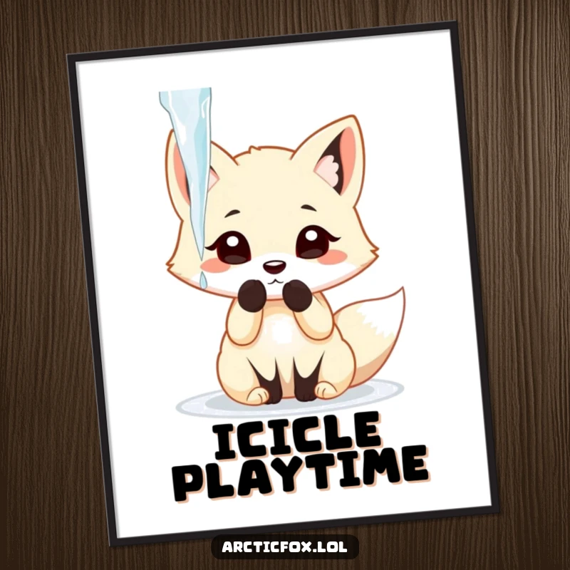 Funny arctic fox playfully batting at a dangling icicle with its paw, presented as playful wall art.