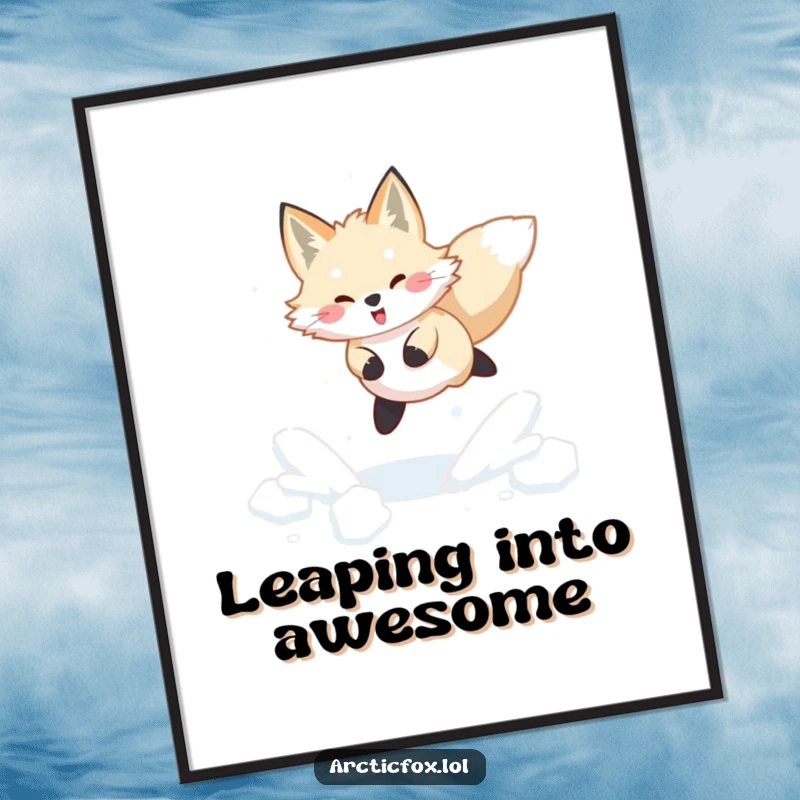 Funny Arctic fox poster depicting a joyful leap through fresh, powdery snow, a whimsical and humorous winter scene.